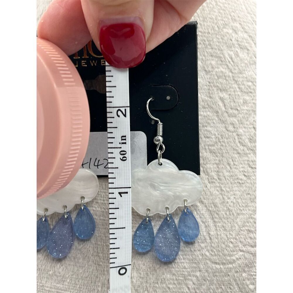 nOir Jewelry White and Blue Rain Cloud Dangle Earrings Hook Closure O28 - Picture 5 of 5
